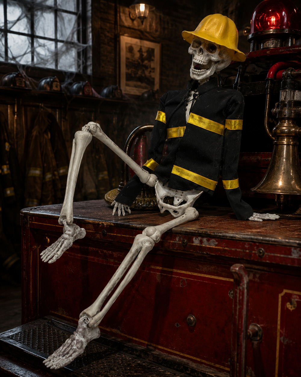 Vintage Firefighter Skeleton Halloween Hanging Decor 17" Articulated Fireman